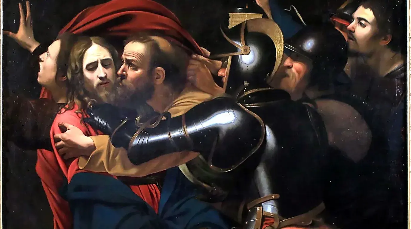 A dark Old Master painting of a night-time arrest, armoured figures crowding around a robed man.