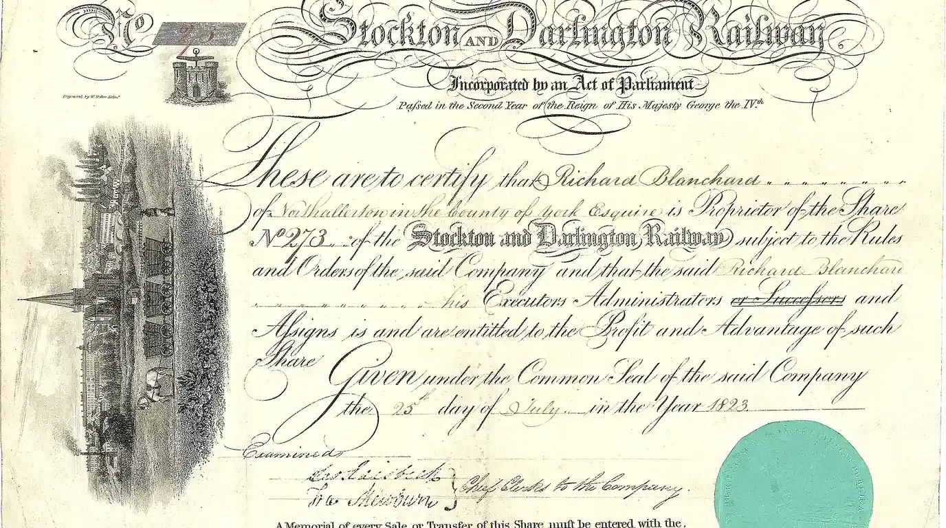 An 1823 Stockton and Darlington Railway share certificate in copperplate, with a vignette of an early train and a green seal.