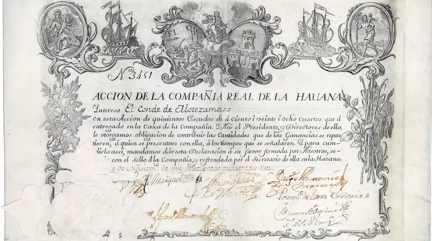 An engraved eighteenth-century share certificate headed in Spanish, framed by galleons and signed in brown ink.