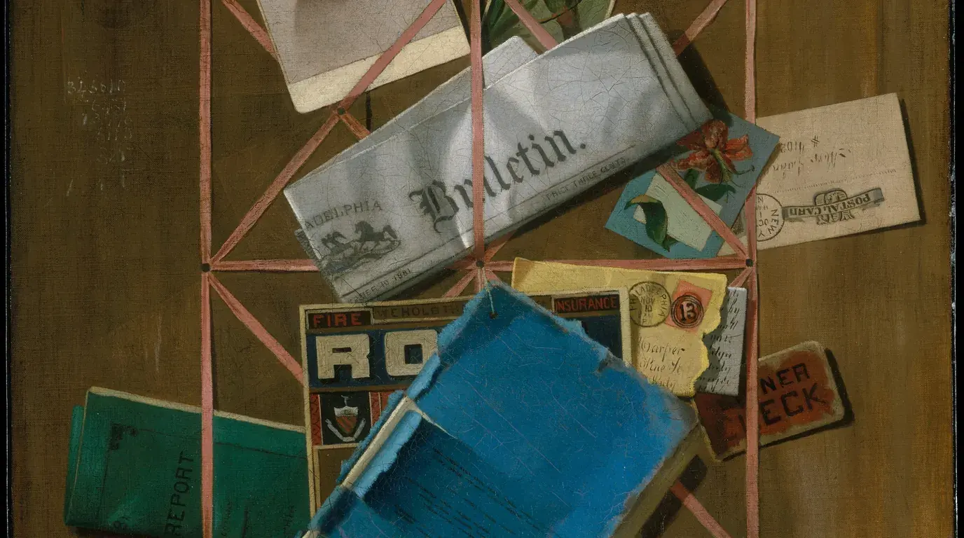 John F. Peto, Old Souvenirs (c. 1881–1901): a letter rack crowded with a folded newspaper, a worn blue book, cards and envelopes.