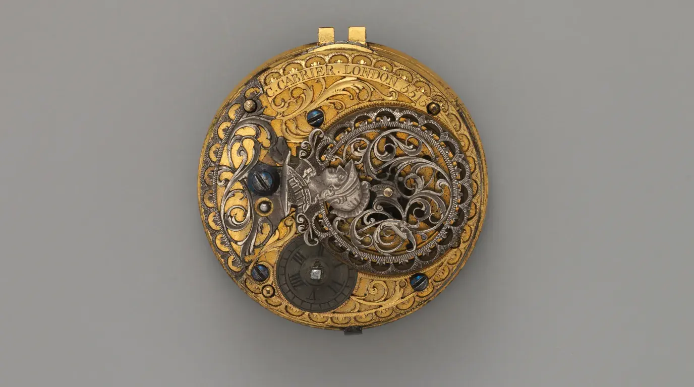 The pierced, engraved gilt movement of an 18th-century watch by Charles Cabrier, London.