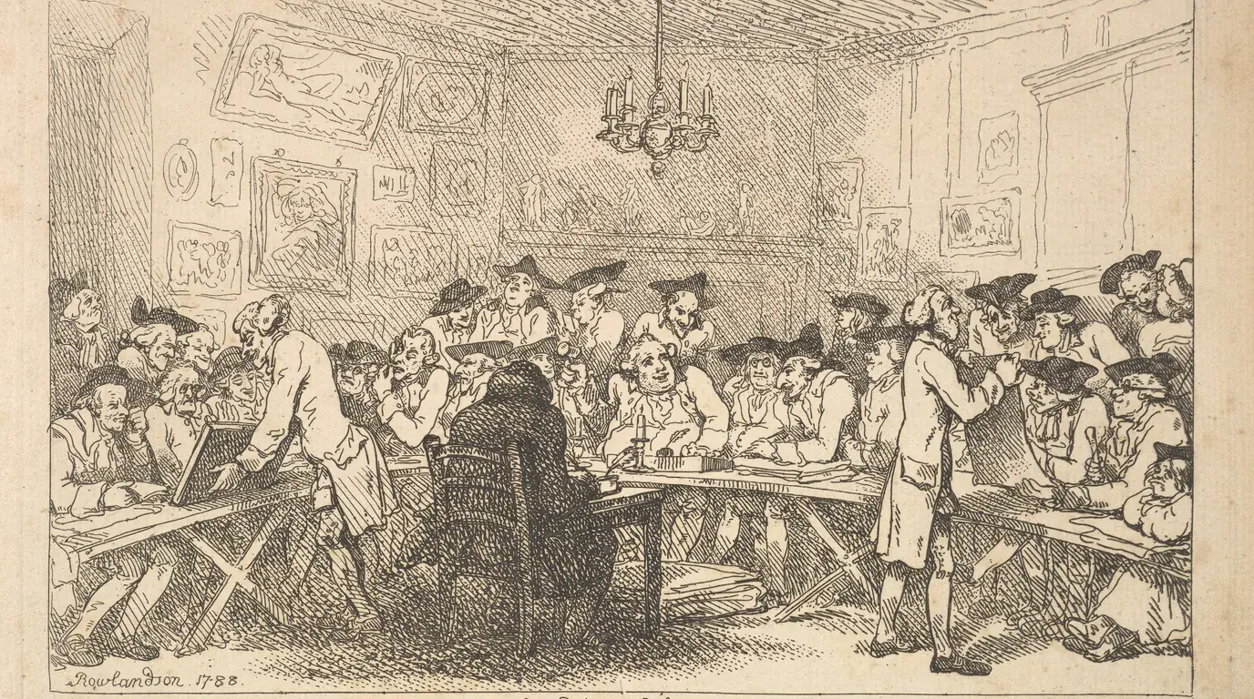 Thomas Rowlandson, A Print Sale – A Night Auction (1788): bidders crowded round long tables under a chandelier.