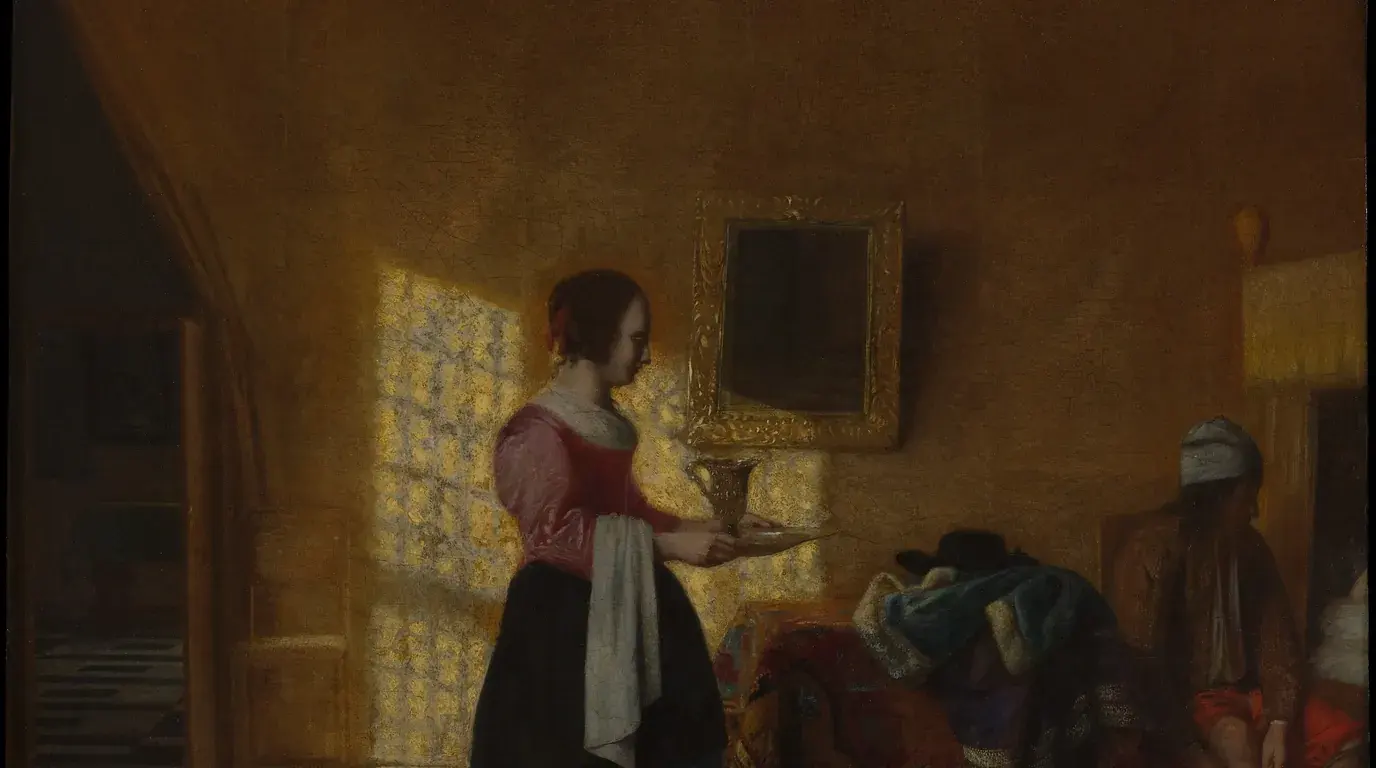 Pieter de Hooch, Woman with a Water Pitcher, and a Man by a Bed (c. 1667–70): a woman carrying a pitcher through a sunlit Dutch interior.