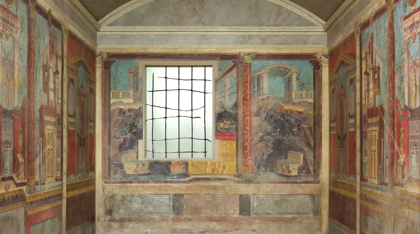 The frescoed bedroom (cubiculum) from the Roman villa of P. Fannius Synistor at Boscoreale, reassembled at The Met.