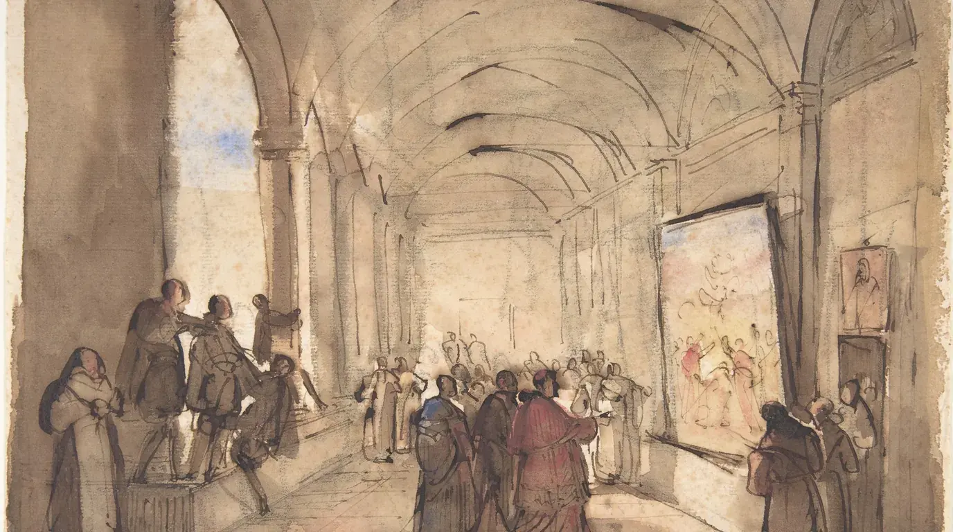 François Marius Granet, A Cardinal Examining a Painting in a Cloister: figures gathered before a canvas under a vaulted arcade.