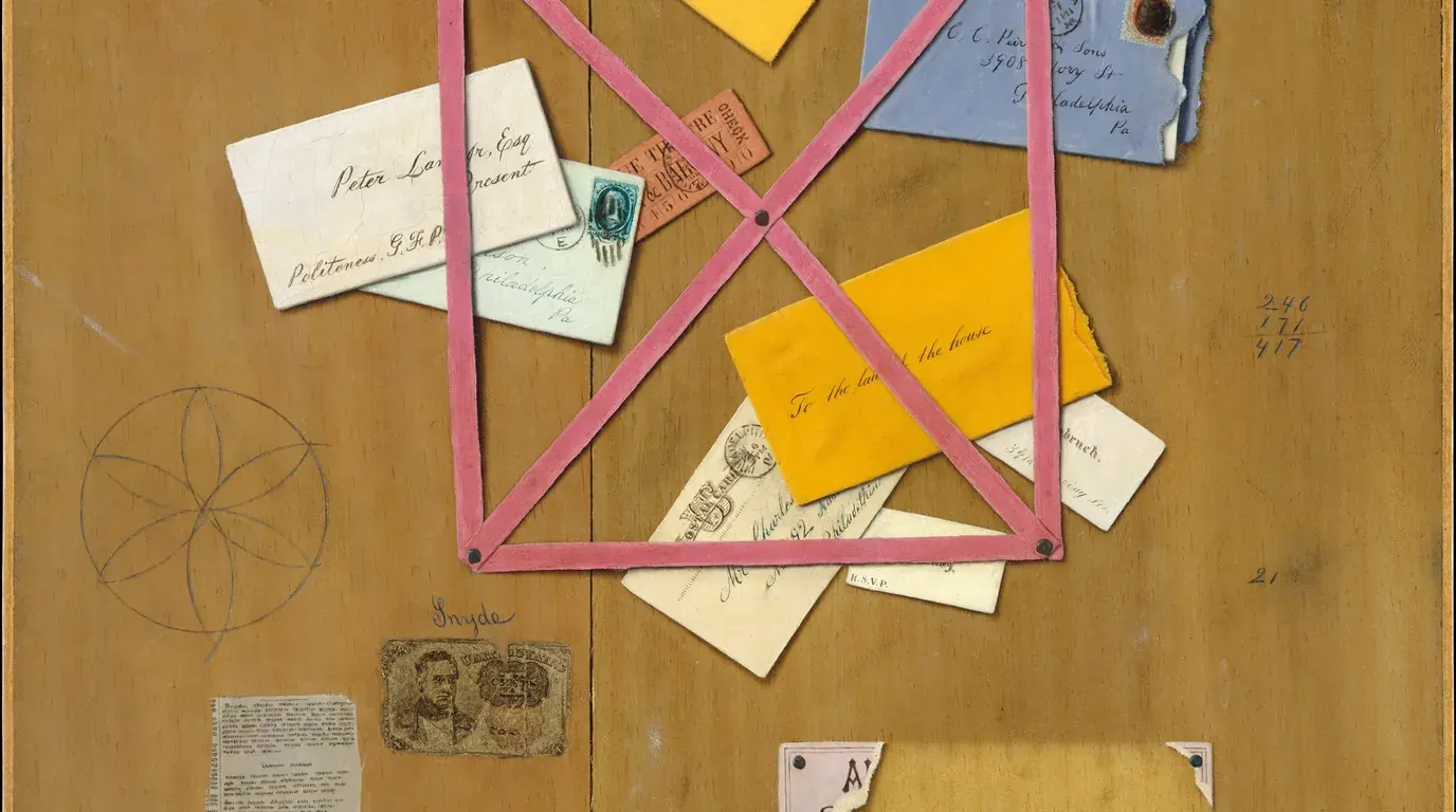 William Michael Harnett, The Artist's Letter Rack (1879): letters, envelopes and cards tucked behind pink tapes on a wooden board.